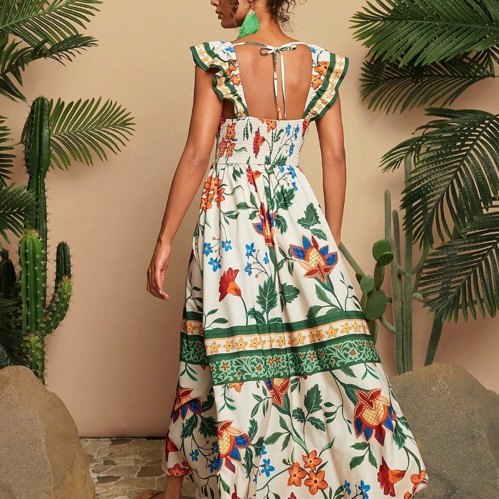 Green Boho Tropical Print V-Neck Cap Sleeve Backless Women's Dress - Picture 2 of 7